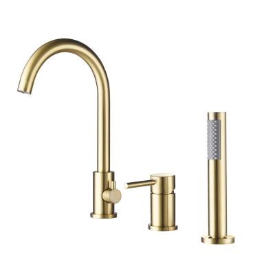 China Without Slide Bar Contemporary Bathroom 3-Hole Waterfall Bathtub Faucet Roman Tub Filler with Handheld Shower Brushed Gold for sale