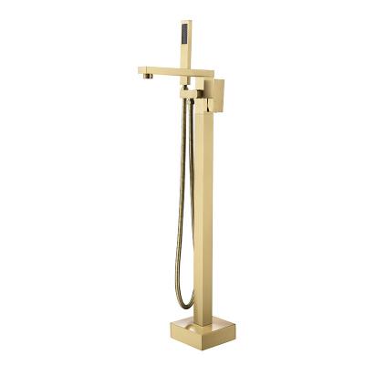 China Without Slide Bar Tub Filler Freestanding Bathtub Faucet Brushed Brass Gold Bathroom Tub Floor Mounted Faucets With Hand Showerr for sale