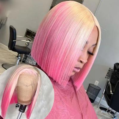 China Ombre 613 Straight Lace Frontal Wig 13x4 Pink Blonde Colored Bob HD Short Transparent Lace Front Wigs For Women Human Hair Pre Plucked for sale