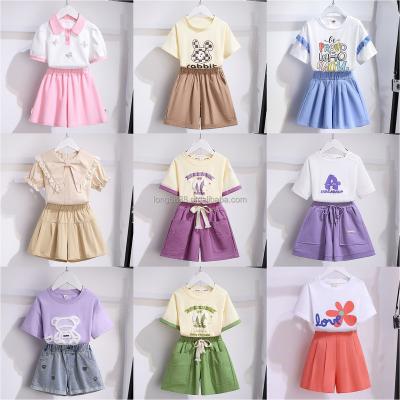 China Other Summer 2-piece girls clothing set Baby Clothing Pleated short sleeve T-shirt Shorts 2-piece set Cute bow kids casual clothing for sale