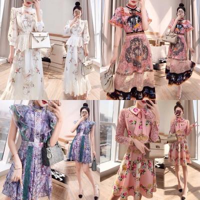 China Anti-Static Autumn Women Embroidered Beading Party Long Dress Pink/Black/Biege/White Round Neck Puff Sleeve High Waist Maxi Robe With Belt for sale