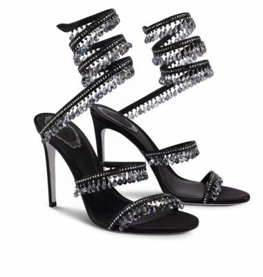 China Brand Square Wrap Toe Heels Ankle Foot Sandals Stiletto Heel Ankle Strap Luxury Rhinestone Crystal Designer High Heels Sexy for sale