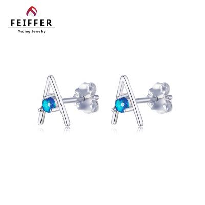 China Wholesale Custom Cute Sterling Silver Blue Opal Jewelry Alphabet Earring for sale