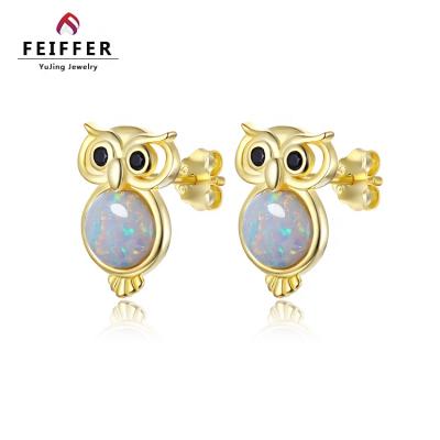 China Beautiful Cute 925 Sterling Silver Synthetic Blue Opal Owl Stud Earring Animal Jewelry for sale