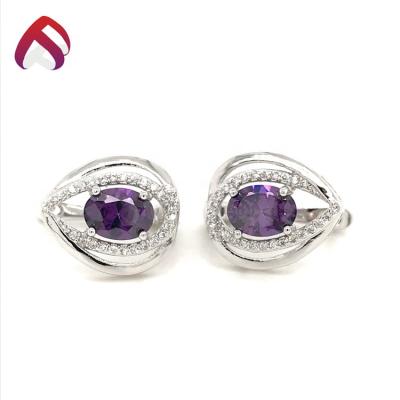 China Romantic Rhodium Plated 925 Sterling Silver Purple Stone And White CZ Clip Earring for sale