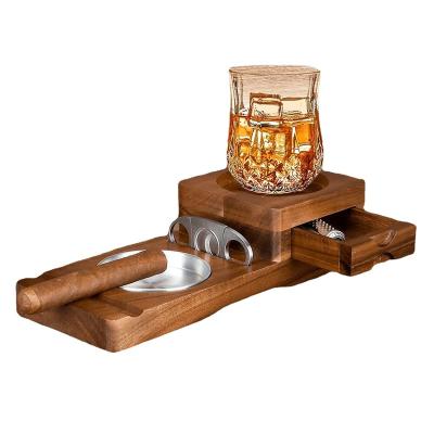 China Cigar Storage Custom Wooden Cigar Ashtray Case Holder Rack Tray Humidors Car Multi Whiskey Glass Cup and Drink Wood Travel Cigar Holder for sale