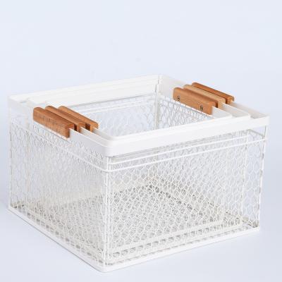 China Wholesale Fruit Basket Metal Vegetable Wire Iron Square Kitchen Shelved Storage Basket White Stocked Basket for sale