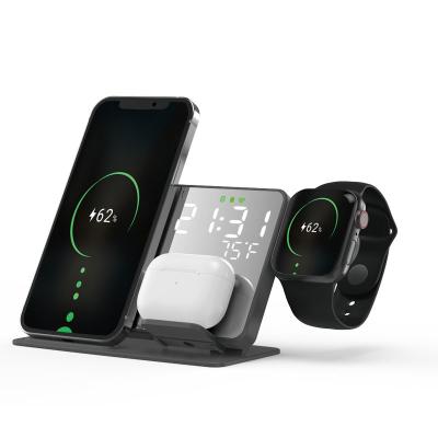 China 2021 Modern Hot Selling 3 In 1 Wireless Charging Stand With Digital Alarm Clock Temperature Wireless Charger Clock Stand for sale