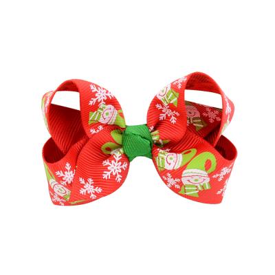 China Fashion Kids Hair Accessories Christmas Print Snowman Hair Clips Kids Party Hair Hangers Ribbon Hair Clips for sale