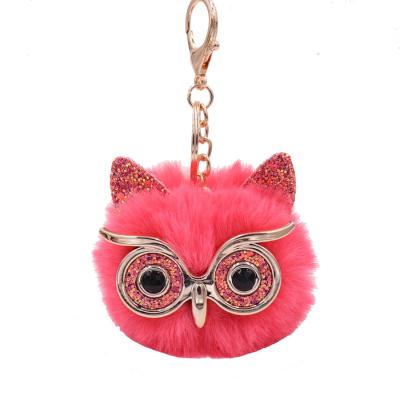 China Cozy Cartoon Owl Pendant Fur Ball Owl Rhinestone Pom Pom Key Chain Wholesale Fashion Metal Plush/Plush Toy for sale