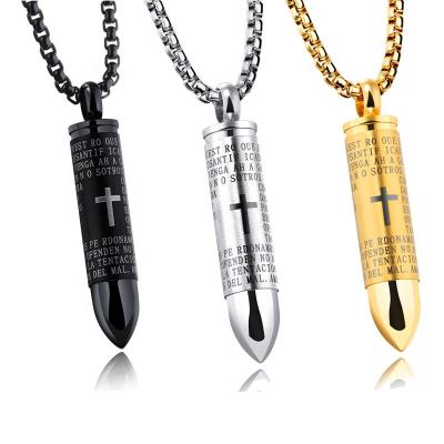 China Wholesale Custom Stainless Steel Laser Engraved Logo 316L Stainless Steel Mens Womens Bible Cross Bullet Pendant Necklace for sale