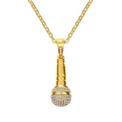 China Hiphop Hip Hop Crystal Long Chain Design Personalize Microphone Shape 316L Stainless Steel Pendant Necklace for sale