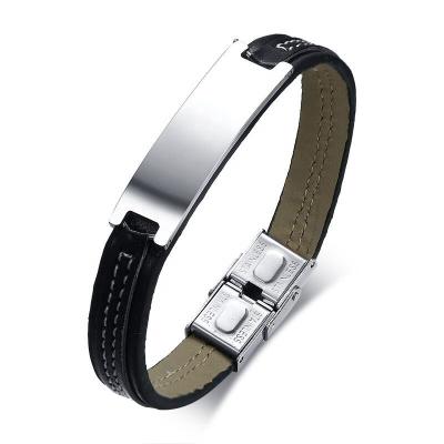 China Hiphop Customers Direct Order Engraved Words Men PU Color 316L Stainless Steel Leather Black Bracelets for sale