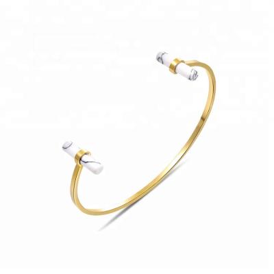 China Fashion new arrival women jewelry 316L stainless steel nature stone marble cuff bracelets for sale