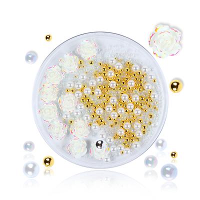 China Pearl Crystal Rose Flower Rhinestone Pearl Nail Art Design Rhinestone Decoration for sale