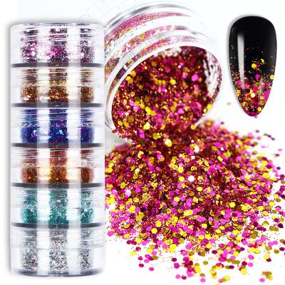 China 6colors Mix Size Nail Art Glitter Powder For Gel Nail Painting Powder Glitter Size 1/0.2mm for sale