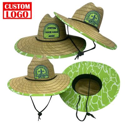 China Cowboy Natural Lifeguard Straw Hats With Embroidered Image Fashion Logo Printing Pattern Sun Fishing Beach Custom Wide Brim Straw Hats for sale