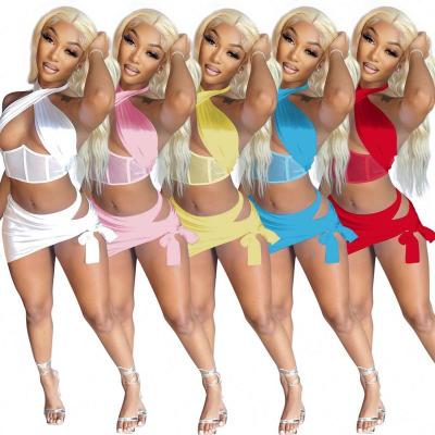 China Anti-pilling summer solid color sexy bra and skirt girls swimwear two-piece set for sale