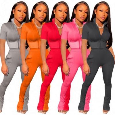 China Anti-pilling POLLY High Quality Short Sleeved Zipper Crop Top And Pants Casual 2 Piece Set Women Clothing for sale