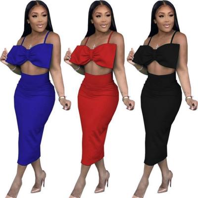 China POLLY New Arrival 2021 Anti-pilling Halter Chest Wrap High Waist Sexy Bow Crop High Tail Split Women 2 Piece Skirt Set for sale