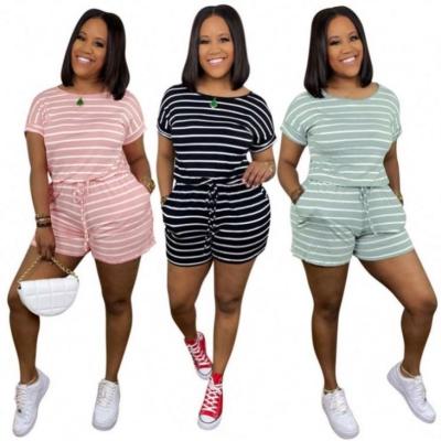 China Anti-wrinkle POLLY Hot Selling Striped Short Sheath One-Piece Overalls And Summer Short Casual Women Panty Rompers for sale