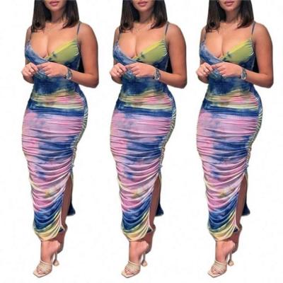 China POLLY New Style Anti-Static 2021 Summer Casual V-Neck Tie Dyed Print Slit Condole The Belt Long Dress for sale