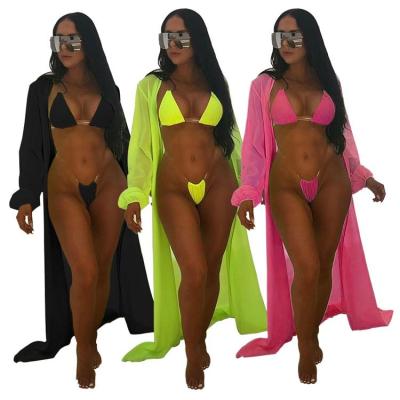 China POLLY Best Design Solid Color Breathable 2021 Sexy Women Summer Beach Wear Swimwear Women Clothes Three Piece Slit Swimsuit Set for sale