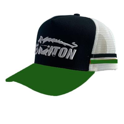 China Custom COMMON Logo Under Brim Printing 5 Panel 2 Side Bars Australia Country High Profile White Mesh Striped Trucker Hat Caps for sale