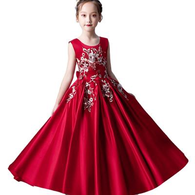 China Elegant Princess Frock Long Sleeveless Wholesale Clothing Satin Design Kids Embroidered Bridesmaid Party Dress Dress for sale