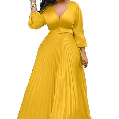 China Anti-wrinkle New 2021 Summer V-Neck Cross-grabbing Front Skirt Solid Color Pleated Big Swing Pleated Dress Women's Clothing for sale