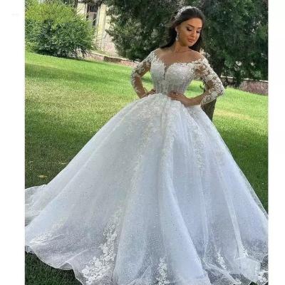 China 2022 Elegant Luxury Anti-Static Off Shoulder Long Sleeve Beaded Lace Modest Bridal Wedding Dress Bridal Gown for sale