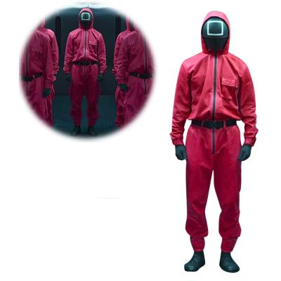 China Red Hooded Overalls Pockets Cosplay Korea Squid Guard Villain Jumpsuits Cosplay Costume Round Six Halloween Party Cosplay for sale