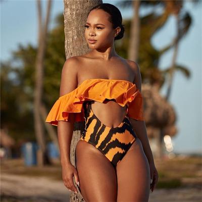 China Breathable Sexy Off Shoulder Swimwear Women Ruffle Orange One Piece Swimsuit Cut Out Bathing Suit Beachwear for sale