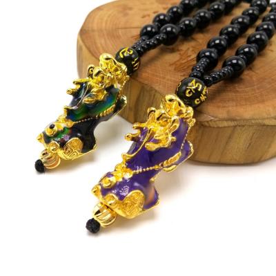 China Hot selling punk Feng Shui PIxiu heat sensitive jewelry Dragon Good Luck Necklace black obsidian wealth discoloration necklace for sale