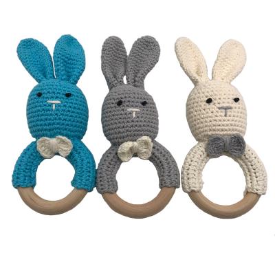 China Baby Teething Pain Soothing Baby Teething Safety Wooden Teether Bunny Sensory Toy Gift Natural Ring Crochet Rabbit Chewie Teether for sale