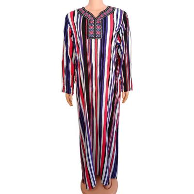 China Spring Summer New Rayon Design Ladies Ethnic Embroidery Abaya Full Sleeve Women Casual Dress Fashion Striped Printing Maxi Dresses for sale