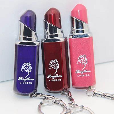 China Fashion and Creative Mini Smart Wholesale Creative Lipstick Lighter,Portable Refillable Butane Gas Open Flame Cigarette Lighter with Key Chain for sale