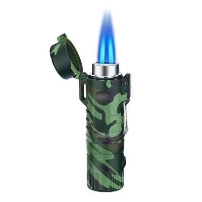 China Shell With Double Blue Fire Waterproof New Multifunctional Waterproof Double Jet Torch Lighter, Camping Windproof Portable Refill Butane Gas Lighter With Flashlight for sale