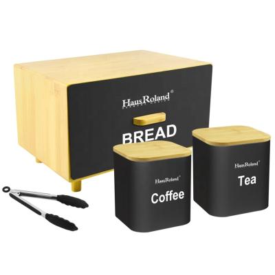 China Freshness Preservation Loading Color Coating Metal Bread Box Tea Coffee Sugar Bin With Bamboo Cover 4pcs Set for sale