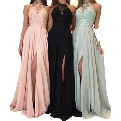 China Anti-static Lace Chiffon Dress Hanging Around Neck Ball Gown Split Dress For Women for sale