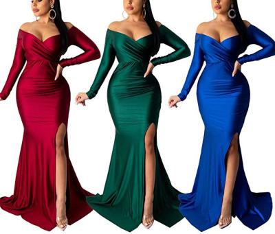 China Solid Color Anti-wrinkle Off Shoulder V-Neckline Dress High Split Long Sleeves Women Wedding Dress for sale