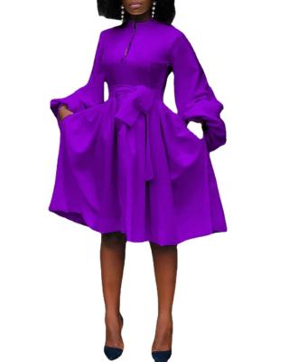 China Anti-wrinkle American and Africa plus size long bubble sleeves bow belt casual dress for women for sale