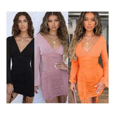 China Custom Anti-Static Soft Pink Orange Long Sleeve Fold Backless Pleated Casual Dresses for sale