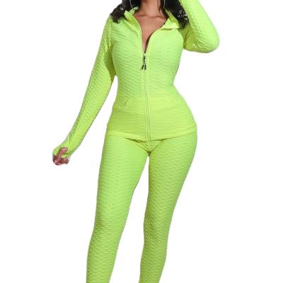 China Anti-pilling Support-collar zipper hoodie 2 pieces yoga pants sports suit solid color for women for sale