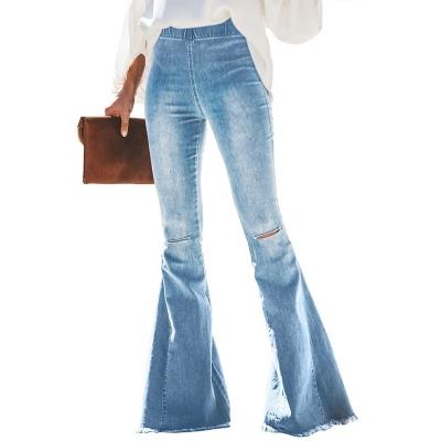 China Wholesale Custom Hole Breathable Stylish Bell Bottom Pants Women Wide Leg Jeans for sale