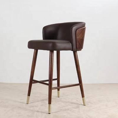 China Walnut Contemporary Nordic Wooden Design Bar Chair Vintage Leather Bar Stools For Cafe Restaurant for sale