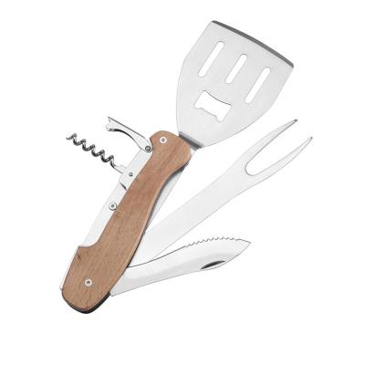 China Easily Cleaned Detachable Wooden Fork Turner Foldable Wood Utensil BBQ Grill Tool Kit Multitool Knife GRILL Multi Tool for sale