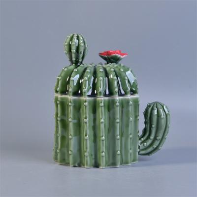 China Professional Popular Cactus Shaped Ceramic Candle Holder With Lids For Home Decor for sale