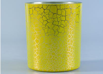 China Cylinder 390ml Colored Glass Candle Holders With Yellow Crack Lacquer Decoration for sale