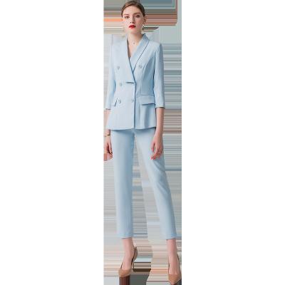 China Other Ladies Luxury Blazer High Society Suit Office Lady Sky Blue Pants Formal Suit For Woman for sale